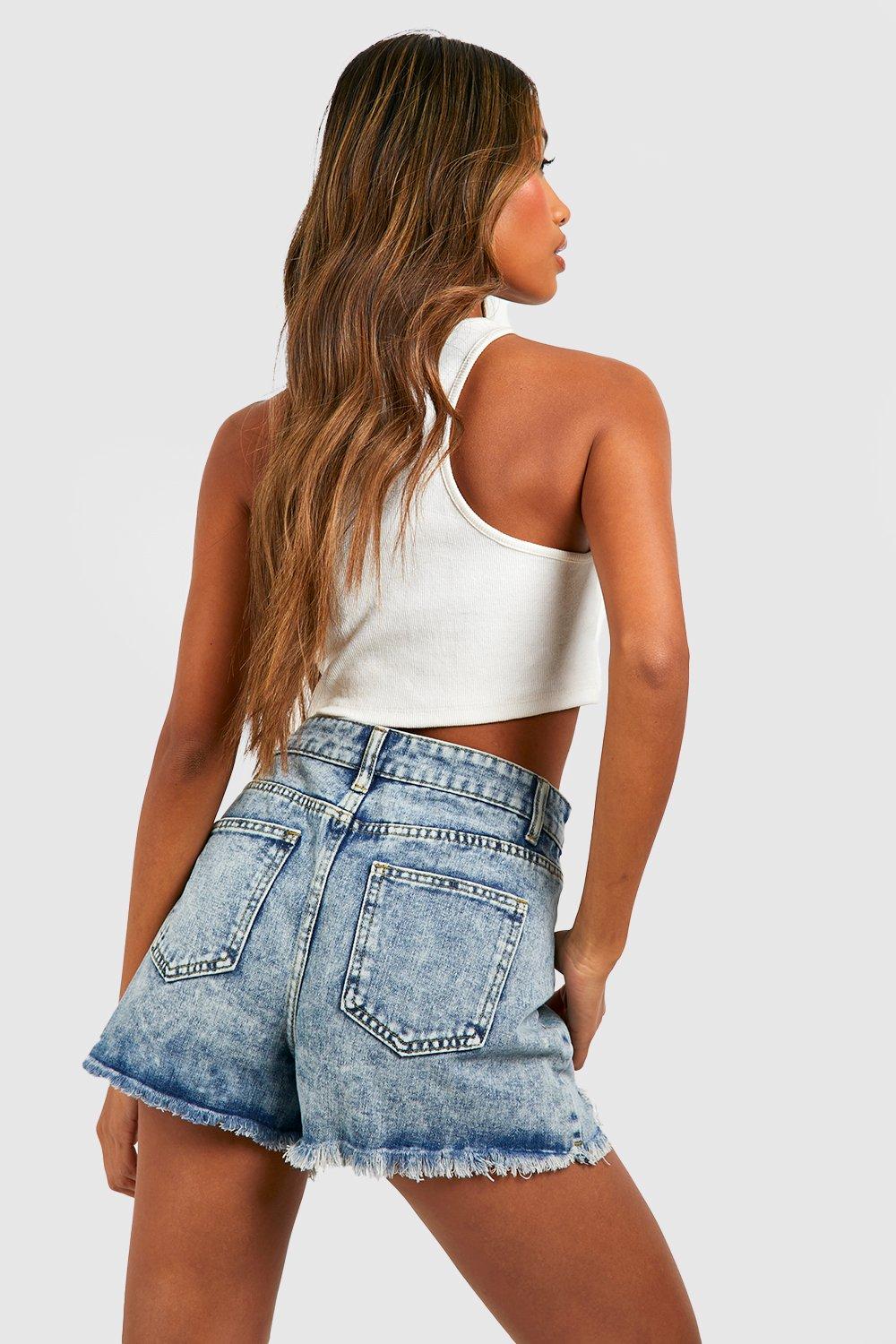 Mid Rise Acid Wash Ripped Hem Jean Shorts